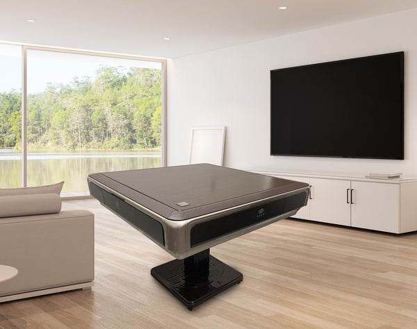 MJ-BST 松乐可折叠款电动麻将桌 Automatic Mahjong Table Coffee Color with Gold Edges. Pedestal Folding Style with No-Numberes Chinese Style tiles 适配中式无数字牌