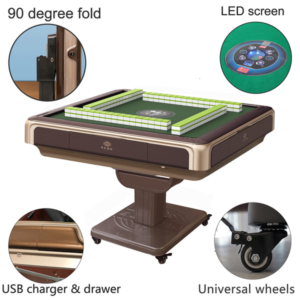 MJ-BST 松乐可折叠款电动麻将桌 Automatic Mahjong Table Coffee Color with Gold Edges. Pedestal Folding Style with No-Numberes Chinese Style tiles 适配中式无数字牌