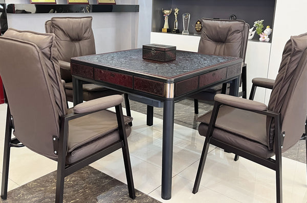 MJ-C400 Dining Table Style Automatic Mahjong Table Wine Red Color. Utral-Thin Roller Coaster Style with Numbered Tiles Hard Table Cover Included