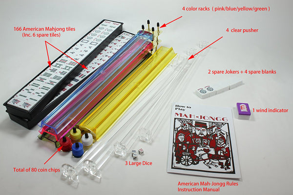 American Mahjong 166 Premium White Tiles, All-in-One Rack/Pushers,Chips, Western Mah Jongg Game Set with Soft Bag