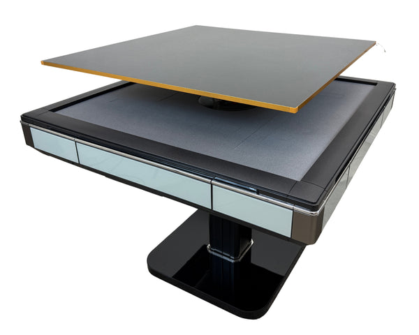 Skyline Elite 30 Premium Automatic Mahjong Table – American Mah Jong Edition, 30mm Numbered Magnetic Tiles, Black Glass Cover, Light Blue Glass Frame, Folding Design with Wooden Racks & Pushers