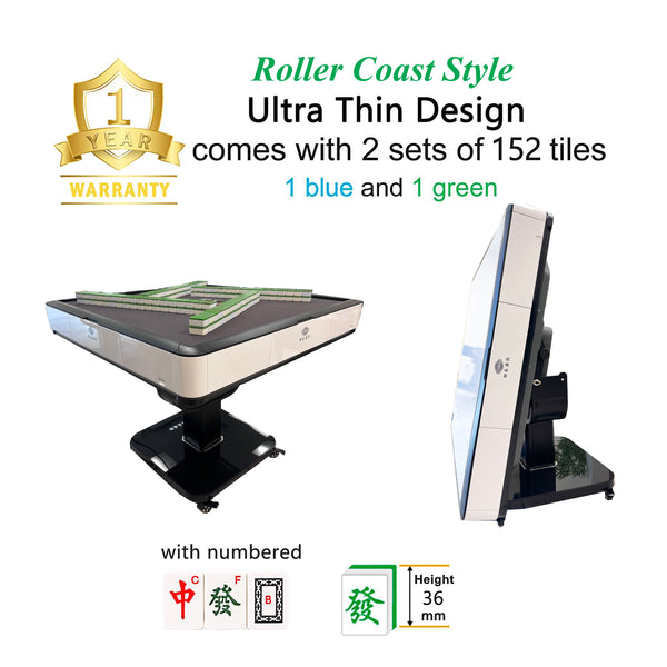 MJ-MINI360 Ultra-Thin Automatic Mahjong Table In White Color with Folding Roller Coaster Style, 36mm American Style Tiles with Numbers, and Optional Built-in Hard Table Cover