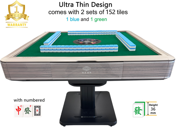 MJ-T200 Light Brown Automatic Mahjong Table. Pedestal Folding Table Ultra Thin Style with Numbered Tiles 36mm/40mm