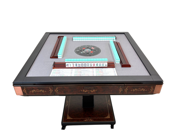 New Arrival !!! Skyline Vintage Elite 30 Premium Automatic Mahjong Table – American Mahjong Edition, 2 Sets of 30mm Numbered Magnetic Tiles, Tiffany Blue & Sakura Pink, Vintage Walnut Glass Top, Folding Design with Wooden Racks & Pushers