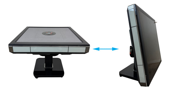 Skyline Elite 30 Premium Automatic Mahjong Table – American Mah Jong Edition, 30mm Numbered Magnetic Tiles, Black Glass Cover, Light Blue Glass Frame, Folding Design with Wooden Racks & Pushers