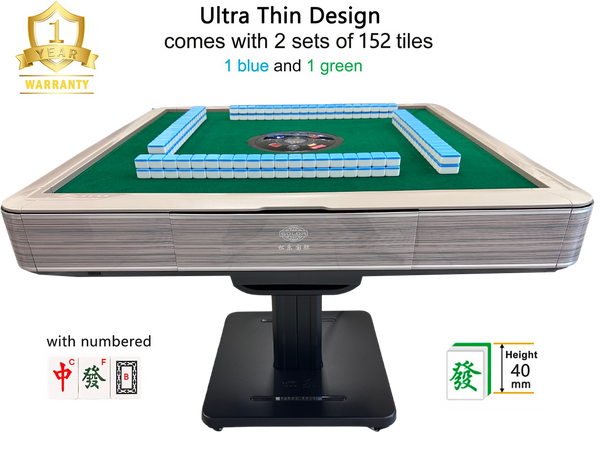 MJ-T200 Light Brown Automatic Mahjong Table. Pedestal Folding Table Ultra Thin Style with Numbered Tiles 36mm/40mm