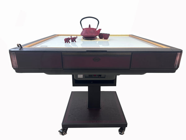 MJ-C400 Ultra-Thin Automatic Mahjong Table in Wine Red Color with Folding Roller Coaster Style, 40mm Numbered Tiles, and Built-in Hard Table Cover