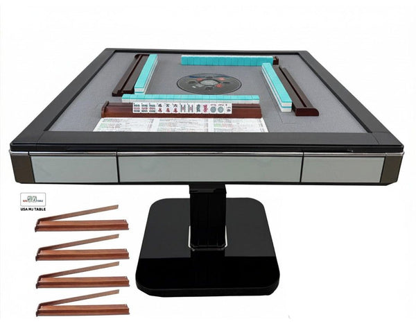 Skyline Elite 30 Premium Automatic Mahjong Table – American MahJong Edition, 160-Tiles Setup, 2 Sets of 30mm Numbered Magnetic Tiles, Tiffany Blue & Sakura Pink, Black Glass Top, Folding Design with Wooden Racks & Pushers