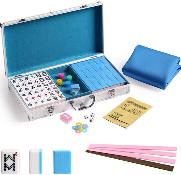 Numbered Tiles Mahjong Game Set. 144  Aluminum case Complete set with pushers & table cover