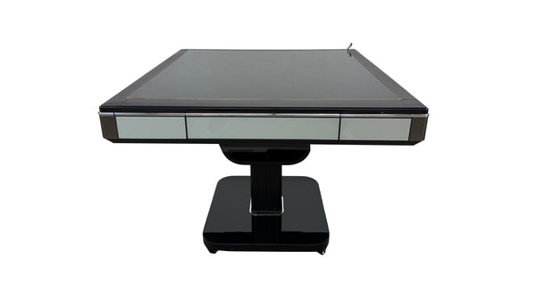 Skyline Elite 30 Premium Automatic Mahjong Table – American Mah Jong Edition, 30mm Numbered Magnetic Tiles, Black Glass Cover, Light Blue Glass Frame, Folding Design with Wooden Racks & Pushers