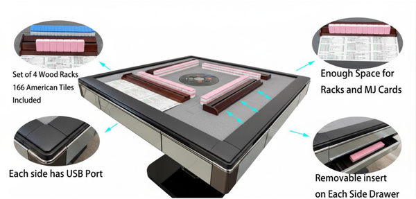 Skyline Elite 30 Premium Automatic Mahjong Table – American MahJong Edition, 160-Tiles Setup, 2 Sets of 30mm Numbered Magnetic Tiles, Tiffany Blue & Sakura Pink, Black Glass Top, Folding Design with Wooden Racks & Pushers