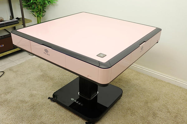 MJ-MINI360 Ultra-Thin Automatic Mahjong Table in Rose Pink Color with Folding Roller Coaster Style, 40mm Numbered Tiles in Filipino Style, and Built-in Hard Table Cover