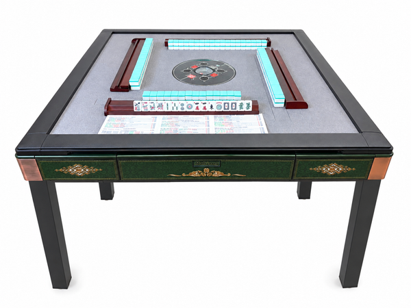 New Arrival !!! Skyline Emerald Elite 30 Premium Automatic Mahjong Table – American Mahjong Edition, 2 Sets of 30mm Numbered Magnetic Tiles, Tiffany Blue & Sakura Pink, Emerald Green Glass Top,4-Legs Dining Table Design with Wooden Racks & Pushers