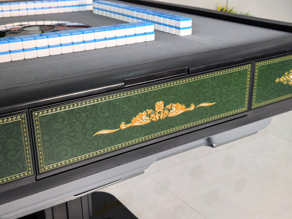 New Arrival !!! Skyline Emerald Elite 30 Premium Automatic Mahjong Table – American Mahjong Edition, 2 Sets of 30mm Numbered Magnetic Tiles, Tiffany Blue & Sakura Pink, Emerald Green Glass Top, Folding Design with Wooden Racks & Pushers