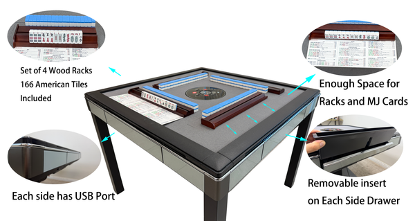 Skyline Elite 30 Premium Automatic Mahjong Table – American Mah Jongg Edition, 30mm Numbered Magnetic Tiles, Black Glass Cover, Light Blue Glass Frame, 4-Legs Fixed Style with Wooden Racks & Pushers