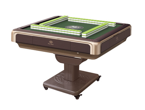 MJ-BST 松乐可折叠款电动麻将桌 Automatic Mahjong Table Coffee Color with Gold Edges. Pedestal Folding Style with No-Numberes Chinese Style tiles 适配中式无数字牌