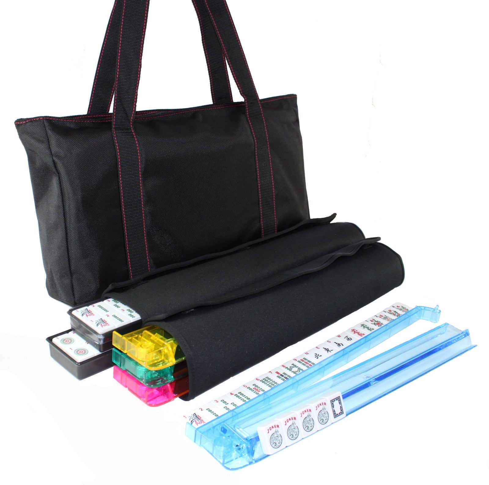 American Mahjong Set Waterproof Black Nylon wtih Red Stitches Bag 4 Color Pushers/Racks Western Mahjongg
