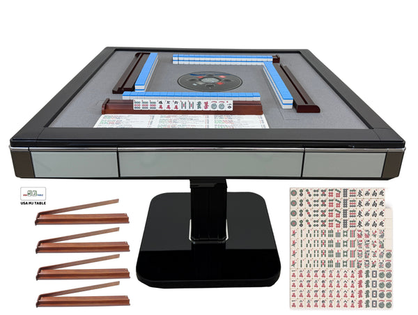Skyline Elite 30 Premium Automatic Mahjong Table – American Mah Jong Edition, 30mm Numbered Magnetic Tiles, Black Glass Cover, Light Blue Glass Frame, Folding Design with Wooden Racks & Pushers