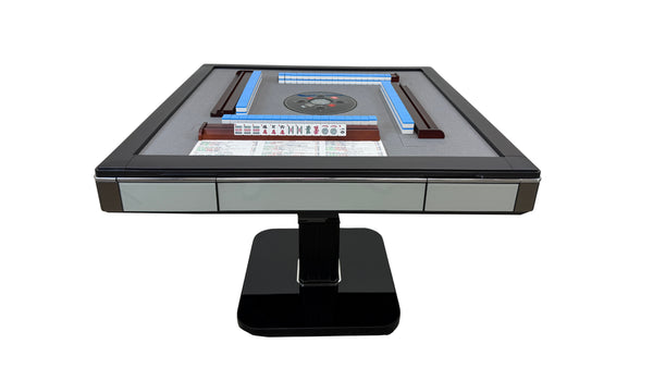Skyline Elite 30 Premium Automatic Mahjong Table – American Mah Jong Edition, 30mm Numbered Magnetic Tiles, Black Glass Cover, Light Blue Glass Frame, Folding Design with Wooden Racks & Pushers