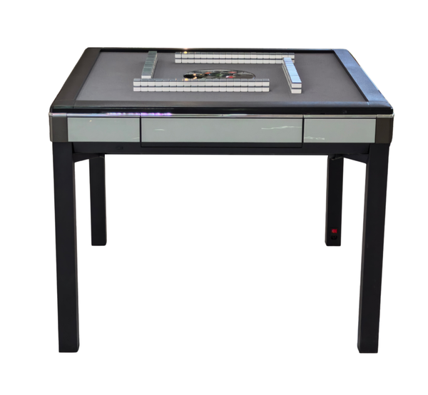 Skyline Elite 30 Premium Automatic Mahjong Table – American Mah Jongg Edition, 30mm Numbered Magnetic Tiles, Black Glass Cover, Light Blue Glass Frame, 4-Legs Fixed Style with Wooden Racks & Pushers