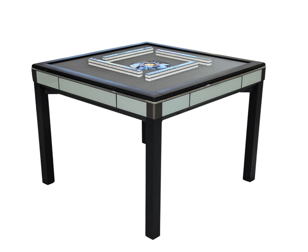Skyline Elite 30 Premium Automatic Mahjong Table – American Mah Jongg Edition, 30mm Numbered Magnetic Tiles, Black Glass Cover, Light Blue Glass Frame, 4-Legs Fixed Style with Wooden Racks & Pushers