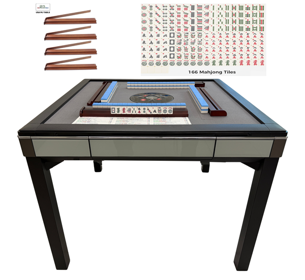 Skyline Elite 30 Premium Automatic Mahjong Table – American Mah Jongg Edition, 30mm Numbered Magnetic Tiles, Black Glass Cover, Light Blue Glass Frame, 4-Legs Fixed Style with Wooden Racks & Pushers