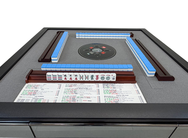 Skyline Elite 30 Premium Automatic Mahjong Table – American Mah Jong Edition, 30mm Numbered Magnetic Tiles, Black Glass Cover, Light Blue Glass Frame, Folding Design with Wooden Racks & Pushers