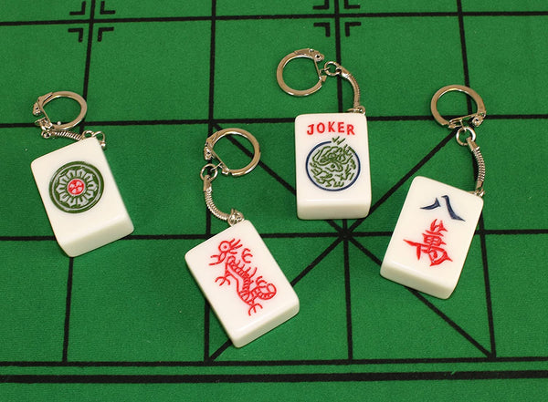 Acrylic Mahjong Tile Keychains ❘ White Elephant Gift Mahjong Joker, Red Dragon, Flower, Character Eight 4 Pack