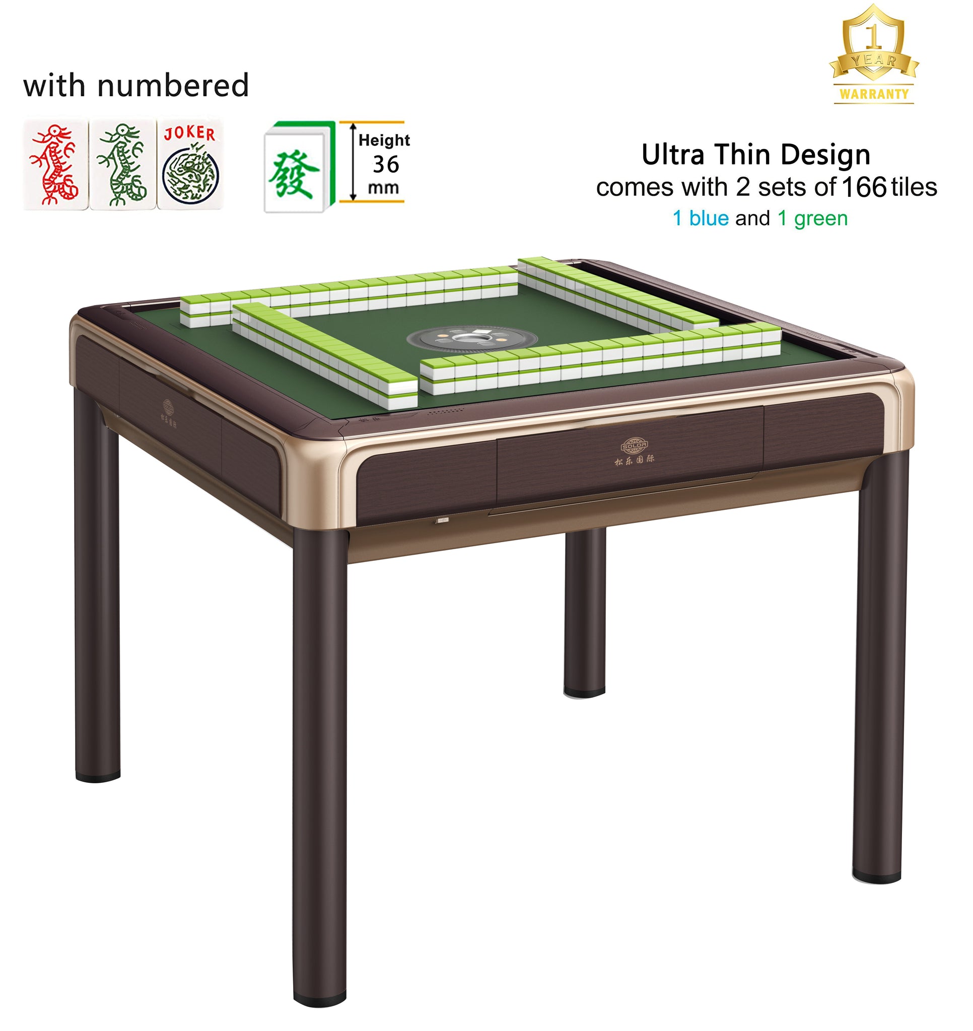 MJ-BST 松乐 Automatic Mahjong Table Coffee Color with Gold Edges. 4-Legs Dining Table Style with Numbered Tiles 36mm/40mm