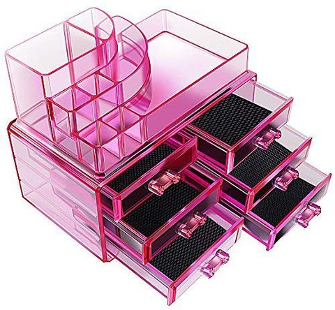 Pink Acrylic Cosmetics Makeup Jewelry Organizer 6 Drawers with 8 Compartments Top Section