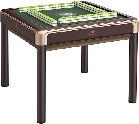 MJ-BST 松乐四腿餐桌款电动麻将桌 Automatic Mahjong Table Coffee Color with Gold Edges. 4-Legs Dining Table Style with No-Numberes Chinese Style tiles 适配中式无数字牌