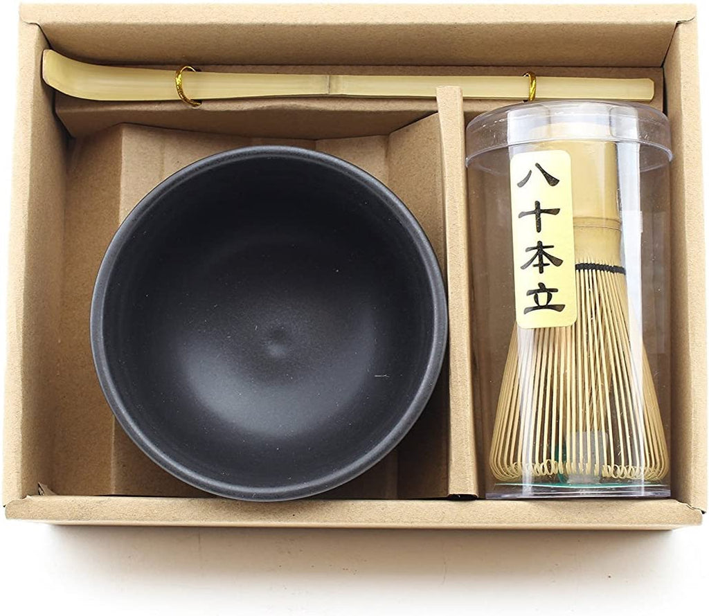Matcha Whisk Set まっちゃ 抹茶 - Brush + Ceramic Bowl + Scoop/八十本立 Japanese Green  Tea Bamboo Preparing Tool 3 Piece Set