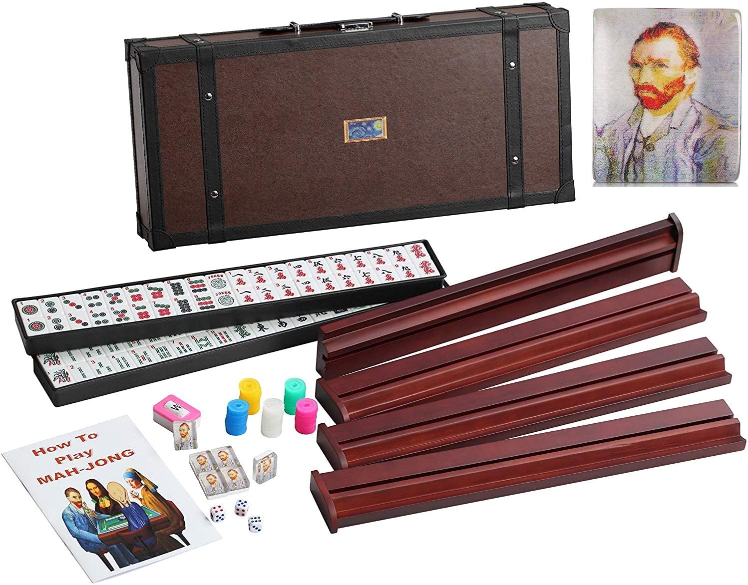 4 Wooden Racks & Pushers + Brand New Complete American Mahjong Set in Wooden Case, 166 Tiles