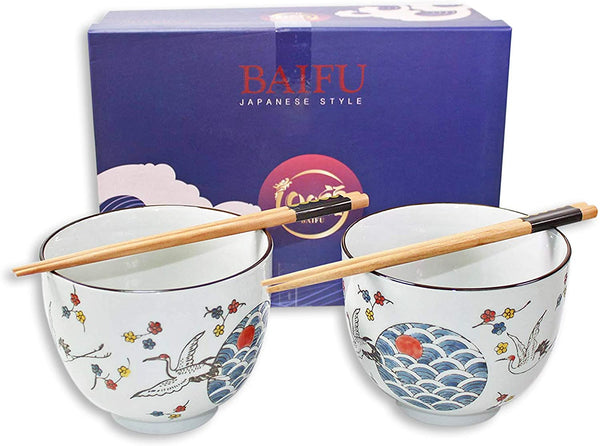 Quality Japanese タンチョウ仙鹤 Crane Porcelain Ceramic Deep High Gloss Lacquer Bowl Set