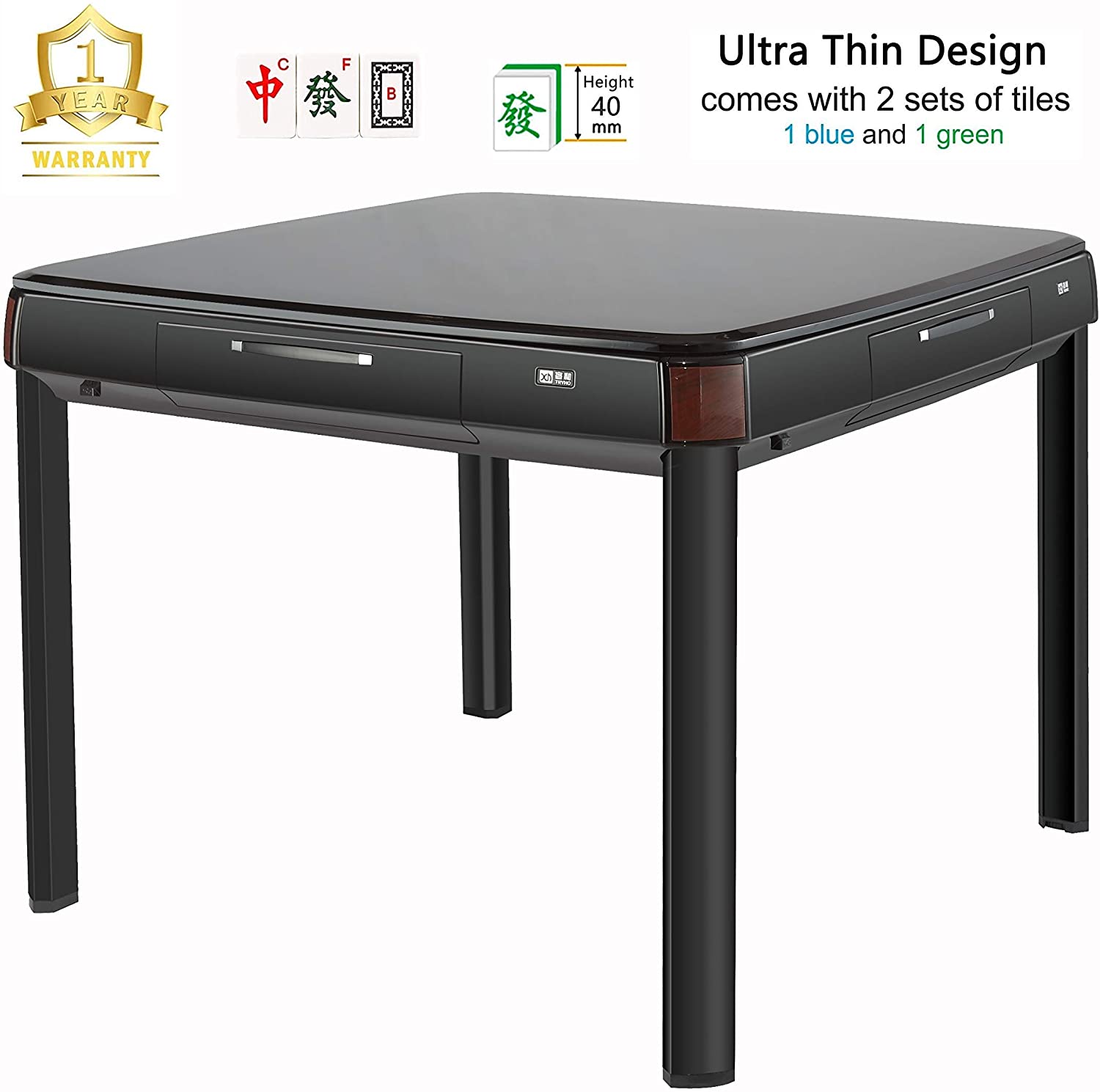 TRYHO ❘ Thin Piano Black Style Automatic Mahjong Table with 40mm Numbered Tiles