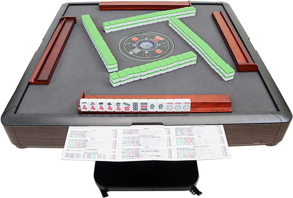 MJ-MINI360 Ultra-Thin Automatic Mahjong Table In Wooden Color with Folding Roller Coaster Style, 36mm American Style Tiles with Numbers, Built-in Hard Table Cover