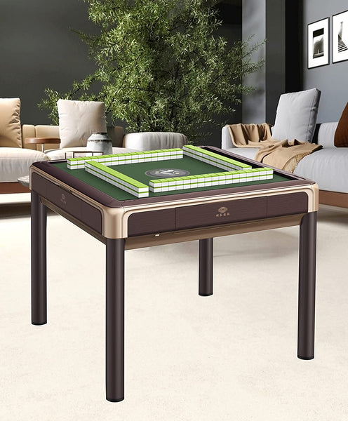 MJ-BST 松乐四腿餐桌款电动麻将桌 Automatic Mahjong Table Coffee Color with Gold Edges. 4-Legs Dining Table Style with No-Numberes Chinese Style tiles 适配中式无数字牌