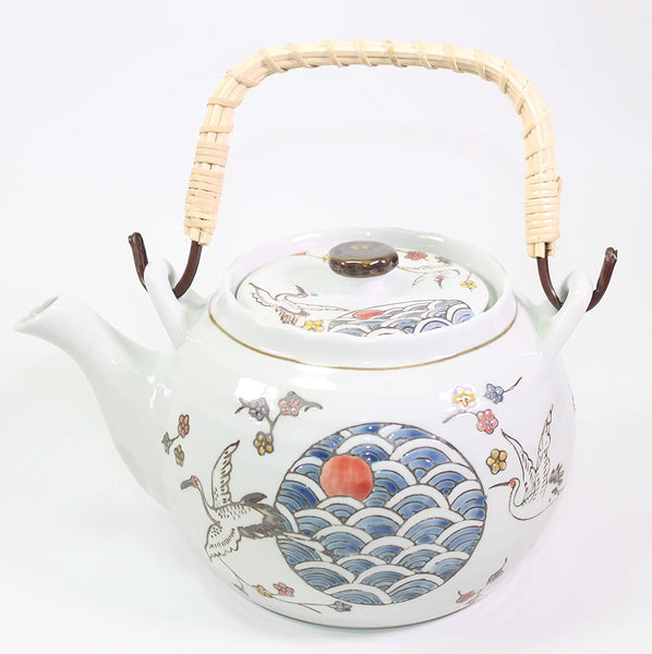 White Crane Heron Japanese Teapot set with 4 Tea Cups